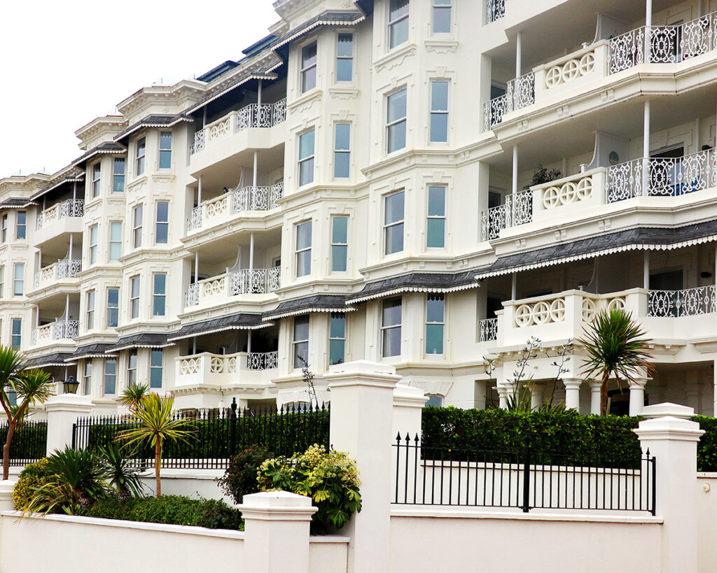 Ornate balconies outside apartments in Worthing, Sussex