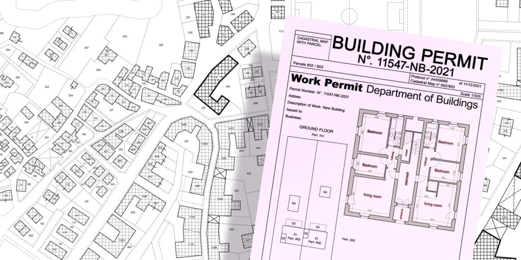 An image of a street housing plan and a building permit