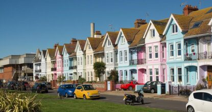 A row of colourful houses along the seafront at Worthing, this type of traditional Worthing property would generally only need a Level 2 HomeBuyers Survey.