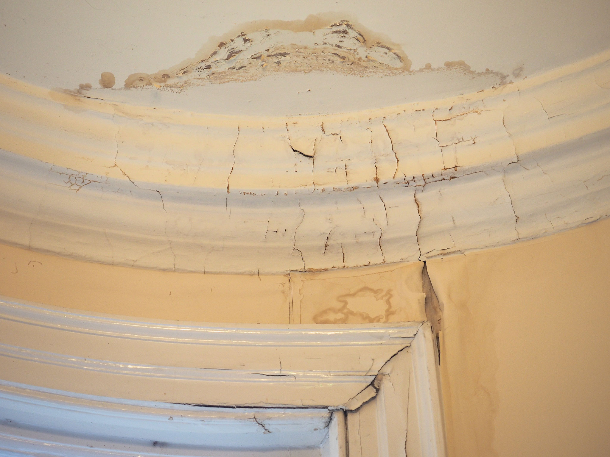 Damp ceiling suggesting that there may be a leak in the roof