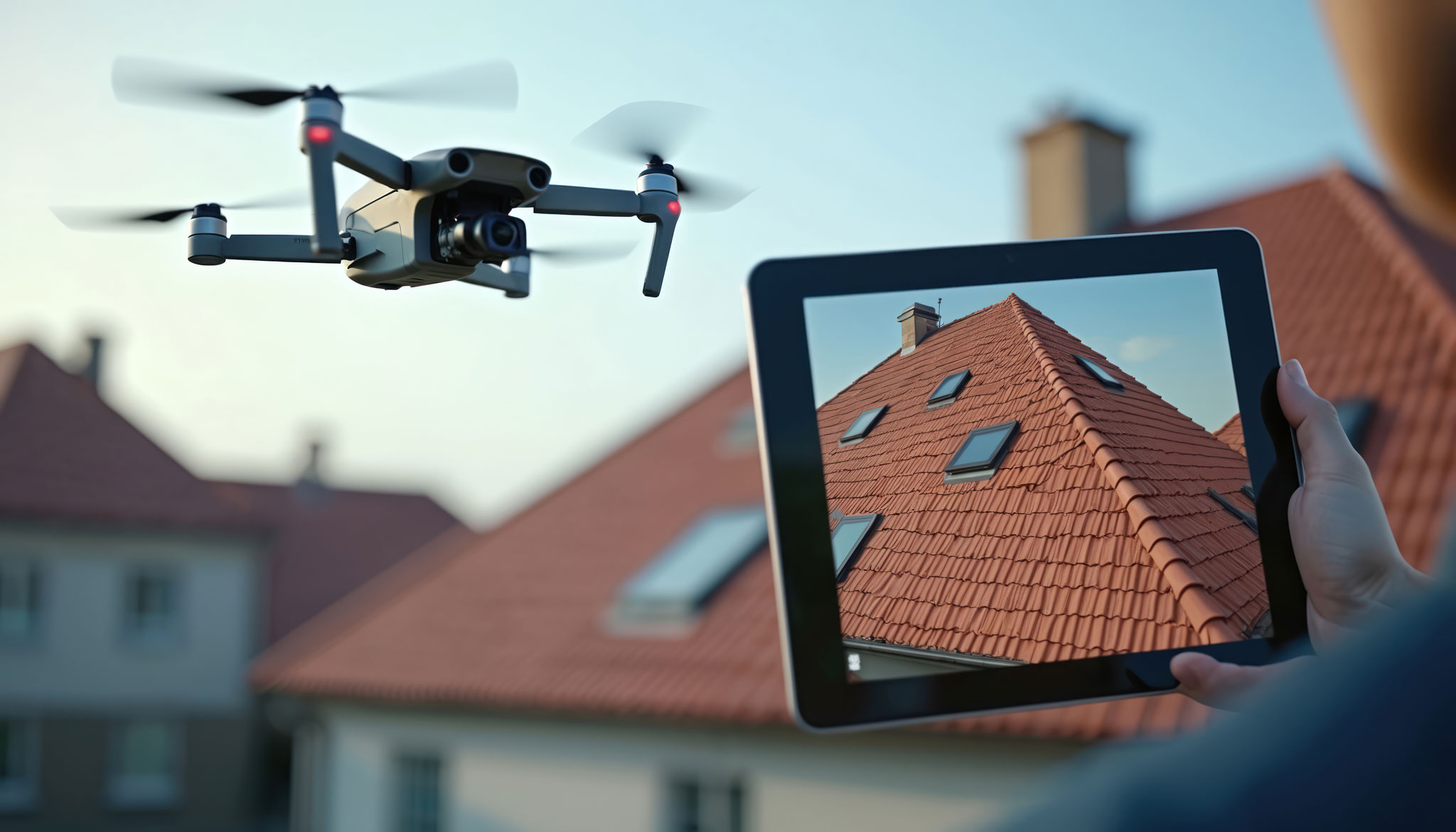 A surveyor conducting a roof survey with a drone