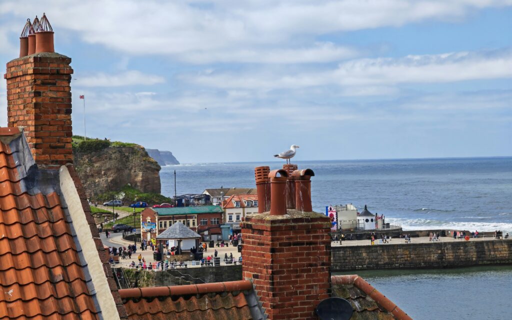 Red titled roofs with ridge tiles and chimneys showing lead flashing